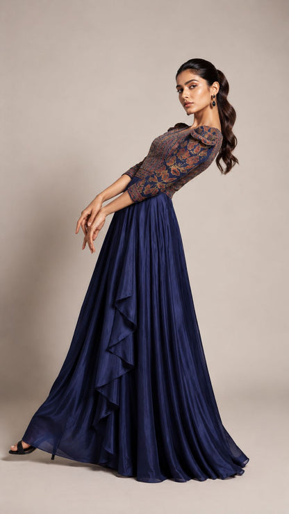Midnight Navy Patterned Ruffle Maxi Dress