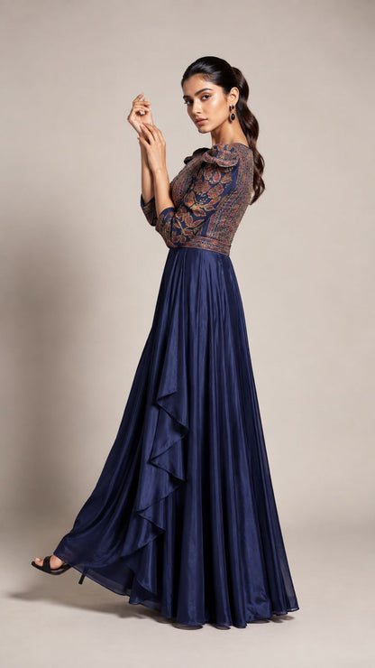 Midnight Navy Patterned Ruffle Maxi Dress