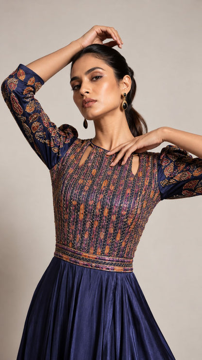 Midnight Navy Patterned Ruffle Maxi Dress