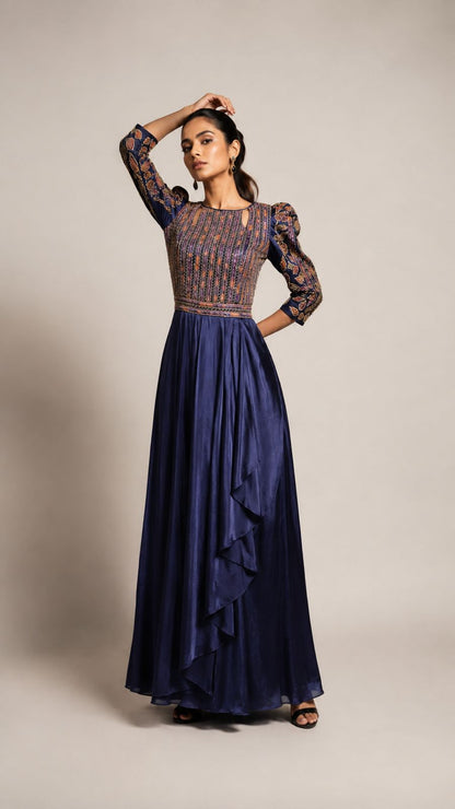 Midnight Navy Patterned Ruffle Maxi Dress