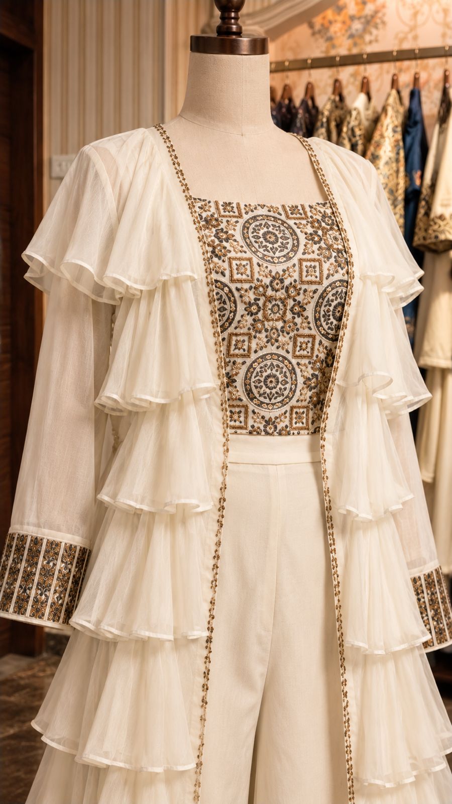 Ivory Embroidered Ruffled Layered Ensemble