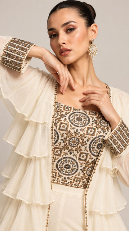 Ivory Embroidered Ruffled Layered Ensemble