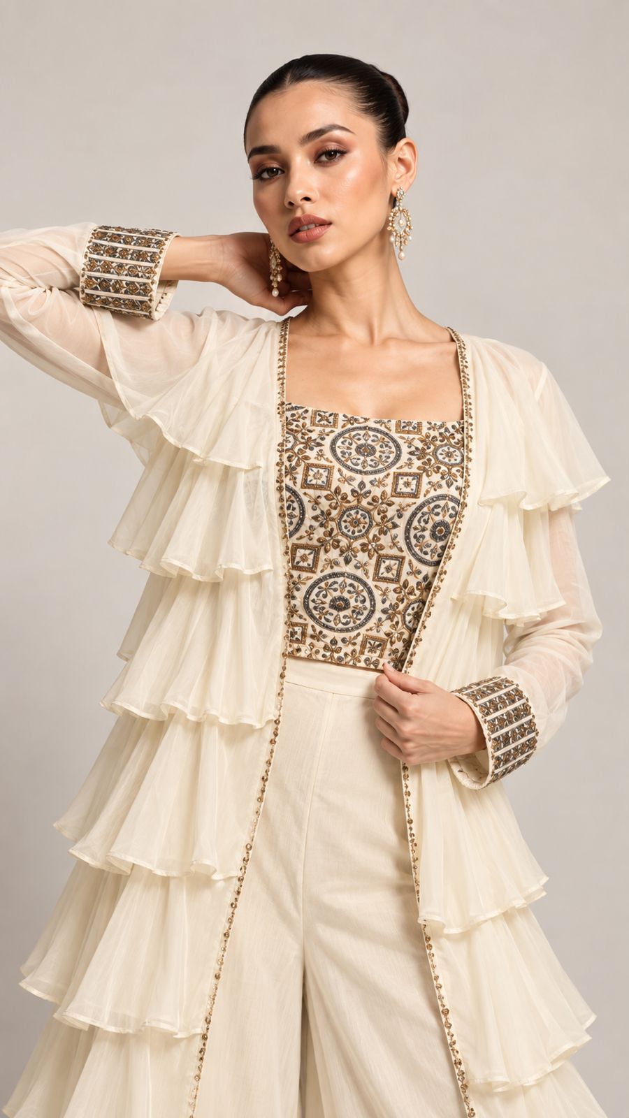 Ivory Embroidered Ruffled Layered Ensemble