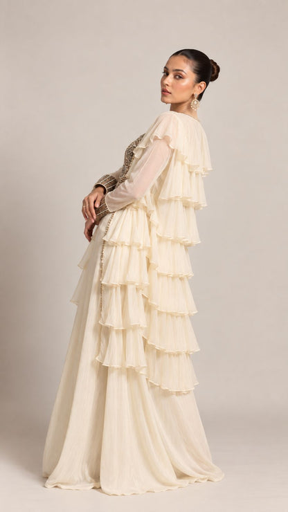 Ivory Embroidered Ruffled Layered Ensemble