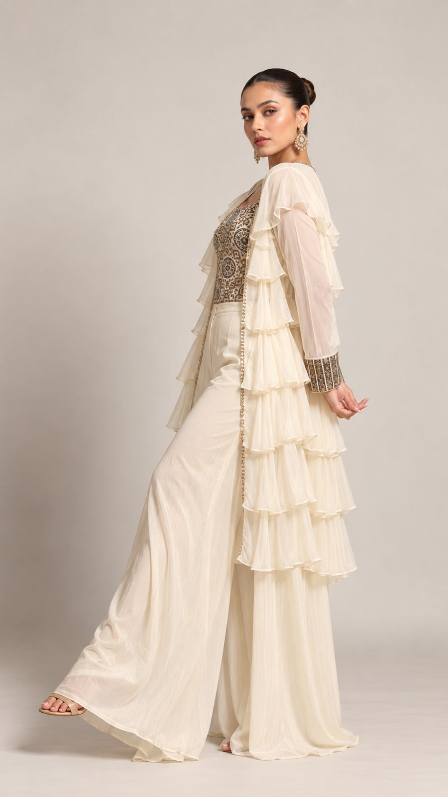 Ivory Embroidered Ruffled Layered Ensemble