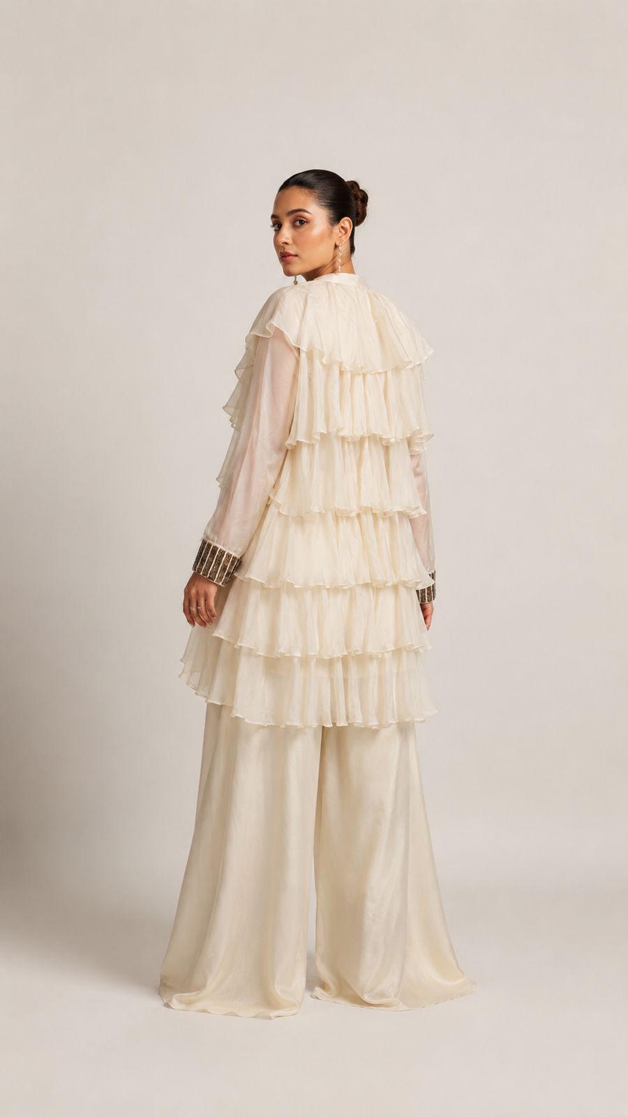 Ivory Embroidered Ruffled Layered Ensemble