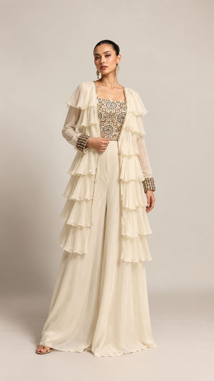 Ivory Embroidered Ruffled Layered Ensemble