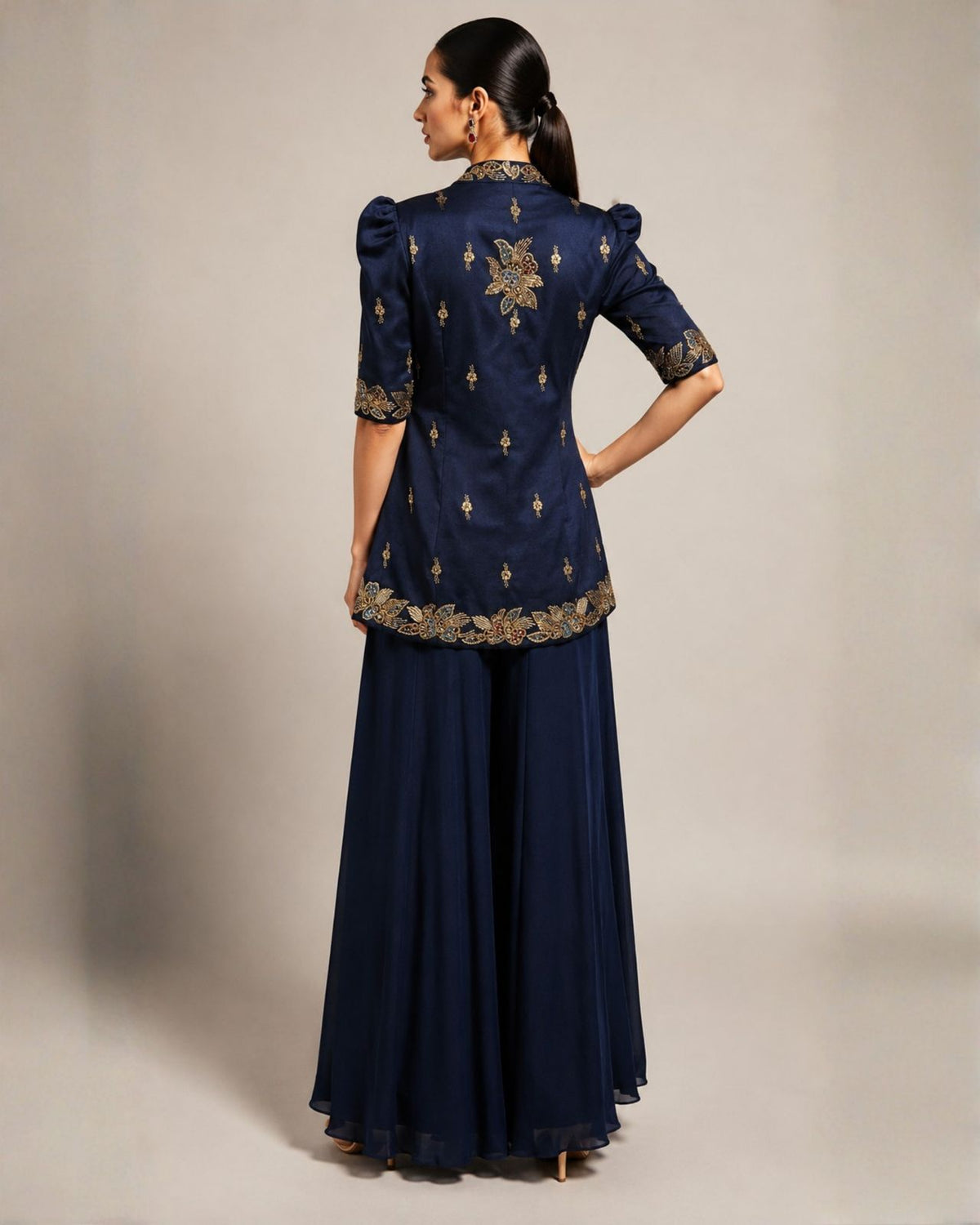 Navy Blue Embroidered Jacket & Flared Palazzo Set