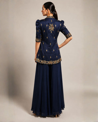 Navy Blue Embroidered Jacket & Flared Palazzo Set