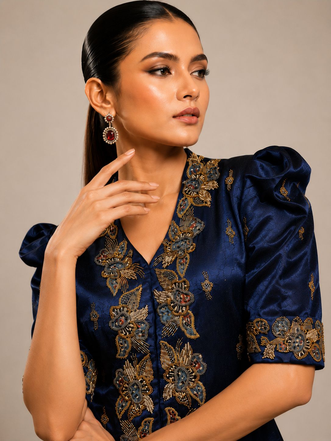 Navy Blue Embroidered Jacket & Flared Palazzo Set