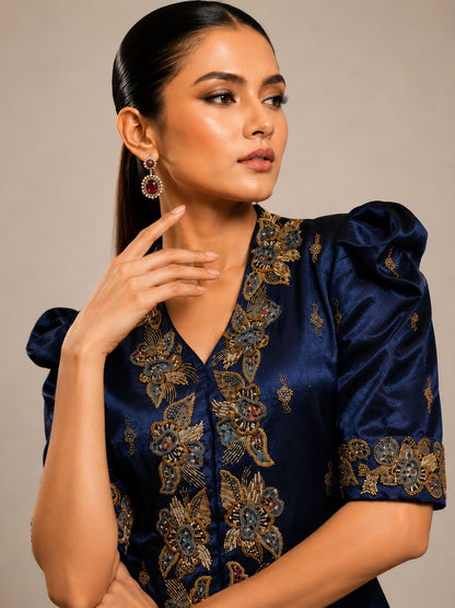 Navy Blue Embroidered Jacket & Flared Palazzo Set