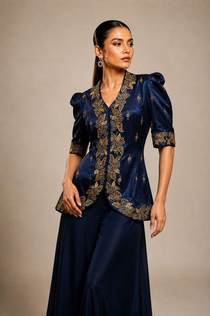Navy Blue Embroidered Jacket & Flared Palazzo Set