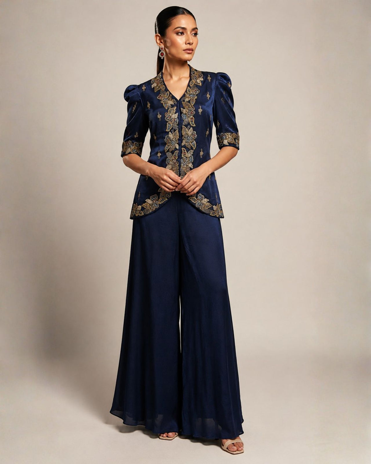 Navy Blue Embroidered Jacket & Flared Palazzo Set