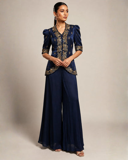 Navy Blue Embroidered Jacket & Flared Palazzo Set