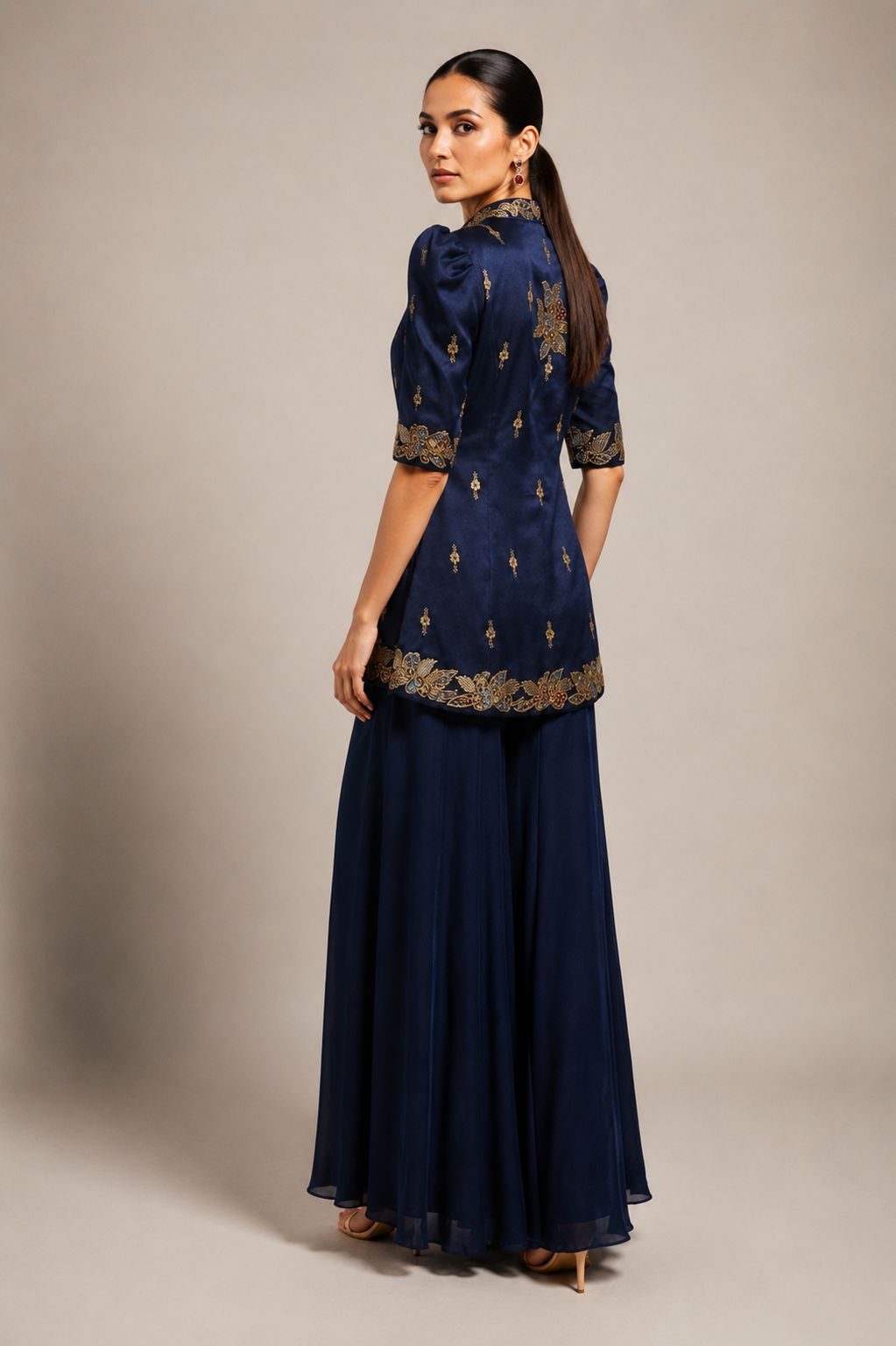 Navy Blue Embroidered Jacket & Flared Palazzo Set