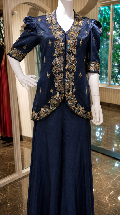 Navy Blue Embroidered Jacket & Flared Palazzo Set