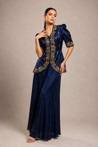 Navy Blue Embroidered Jacket & Flared Palazzo Set