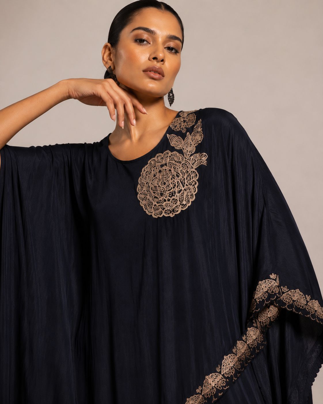 Midnight Black Embroidered Kaftan Co-Ord Set
