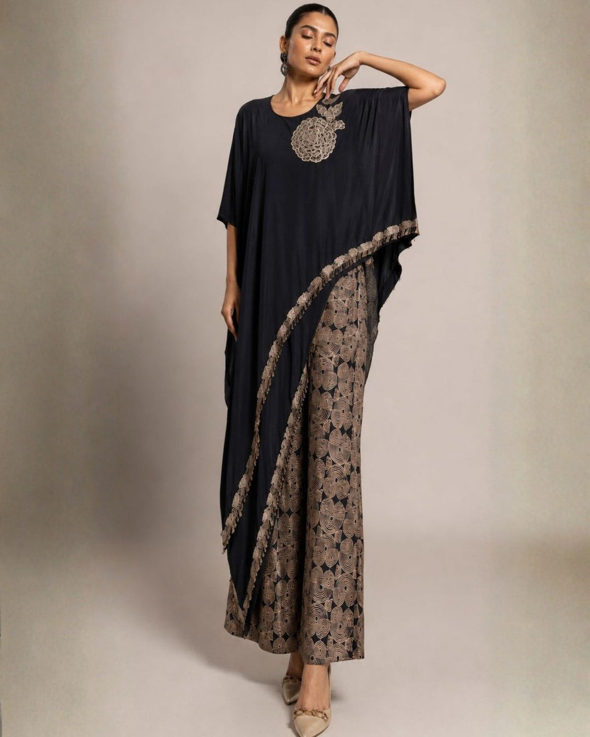 Midnight Black Embroidered Kaftan Co-Ord Set