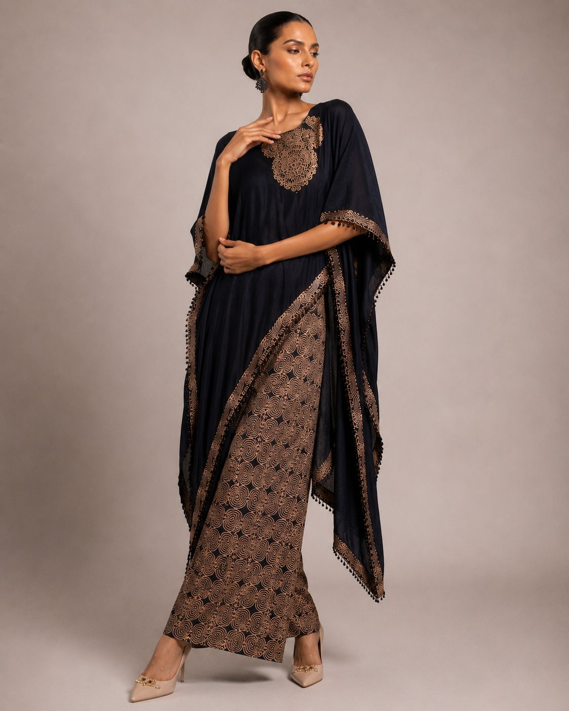 Midnight Black Embroidered Kaftan Co-Ord Set