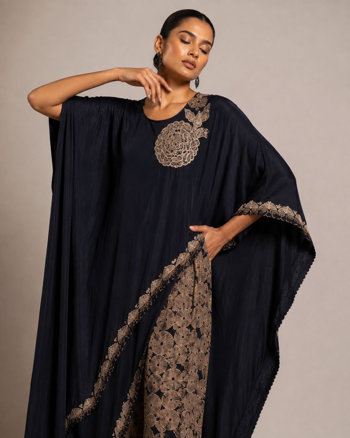 Midnight Black Embroidered Kaftan Co-Ord Set