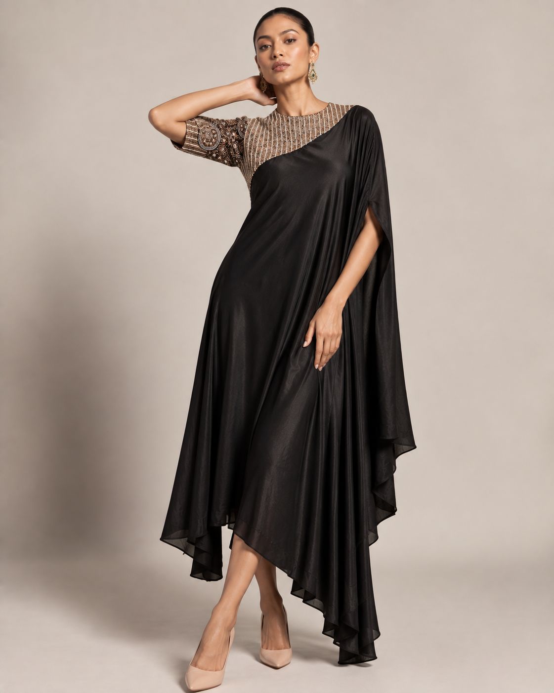 Midnight Noir Embellished Asymmetric Kaftan Co-Ord Set