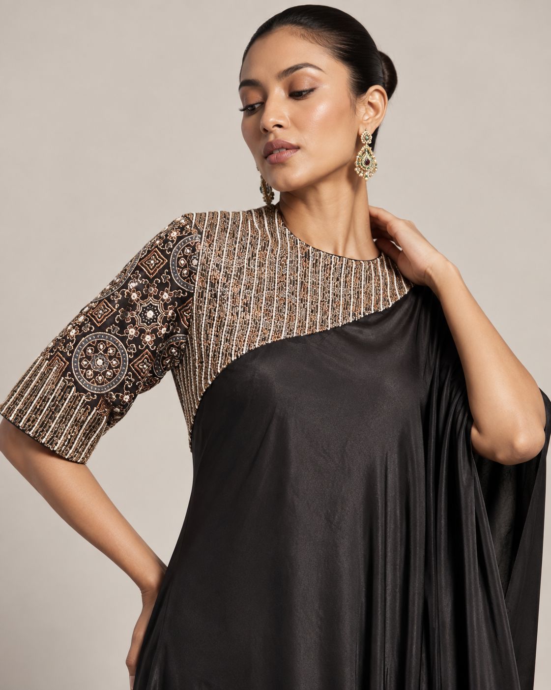 Midnight Noir Embellished Asymmetric Kaftan Co-Ord Set