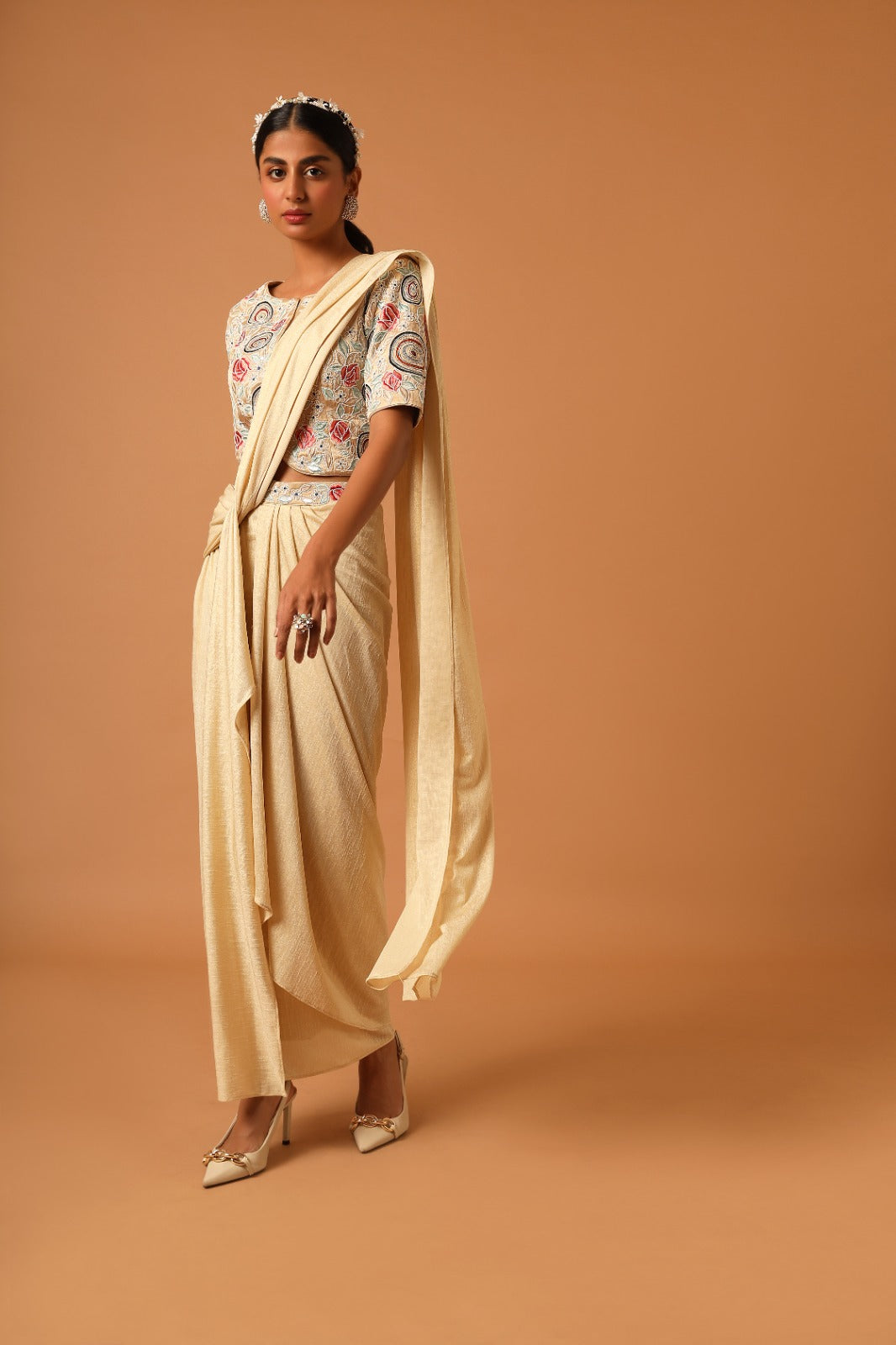 Beige embroidered blouse with skirt