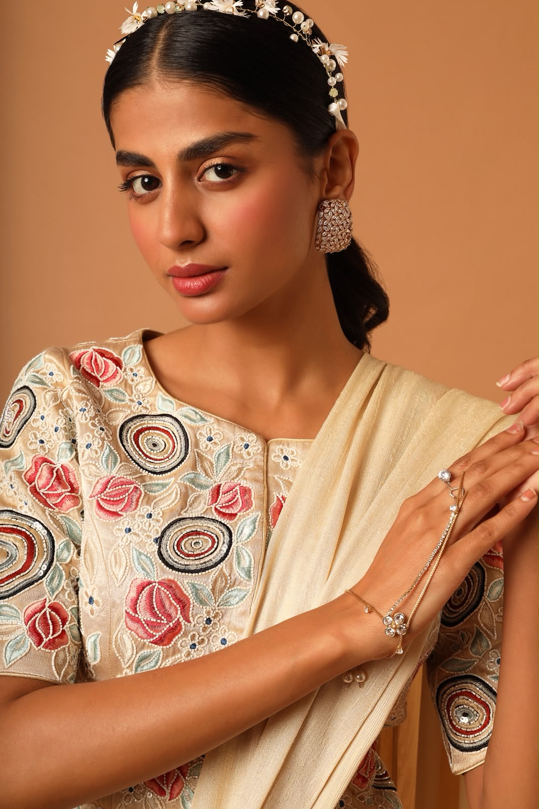 Beige embroidered blouse with skirt