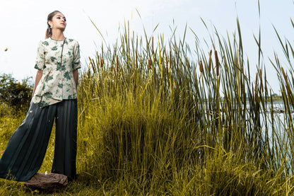 Blossom Assymmetric top with grey pleated pants