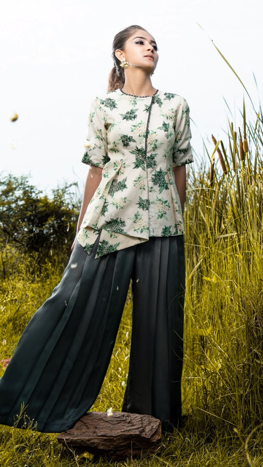 Blossom Assymmetric top with grey pleated pants