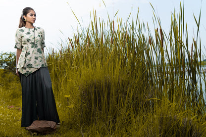 Blossom Assymmetric top with grey pleated pants