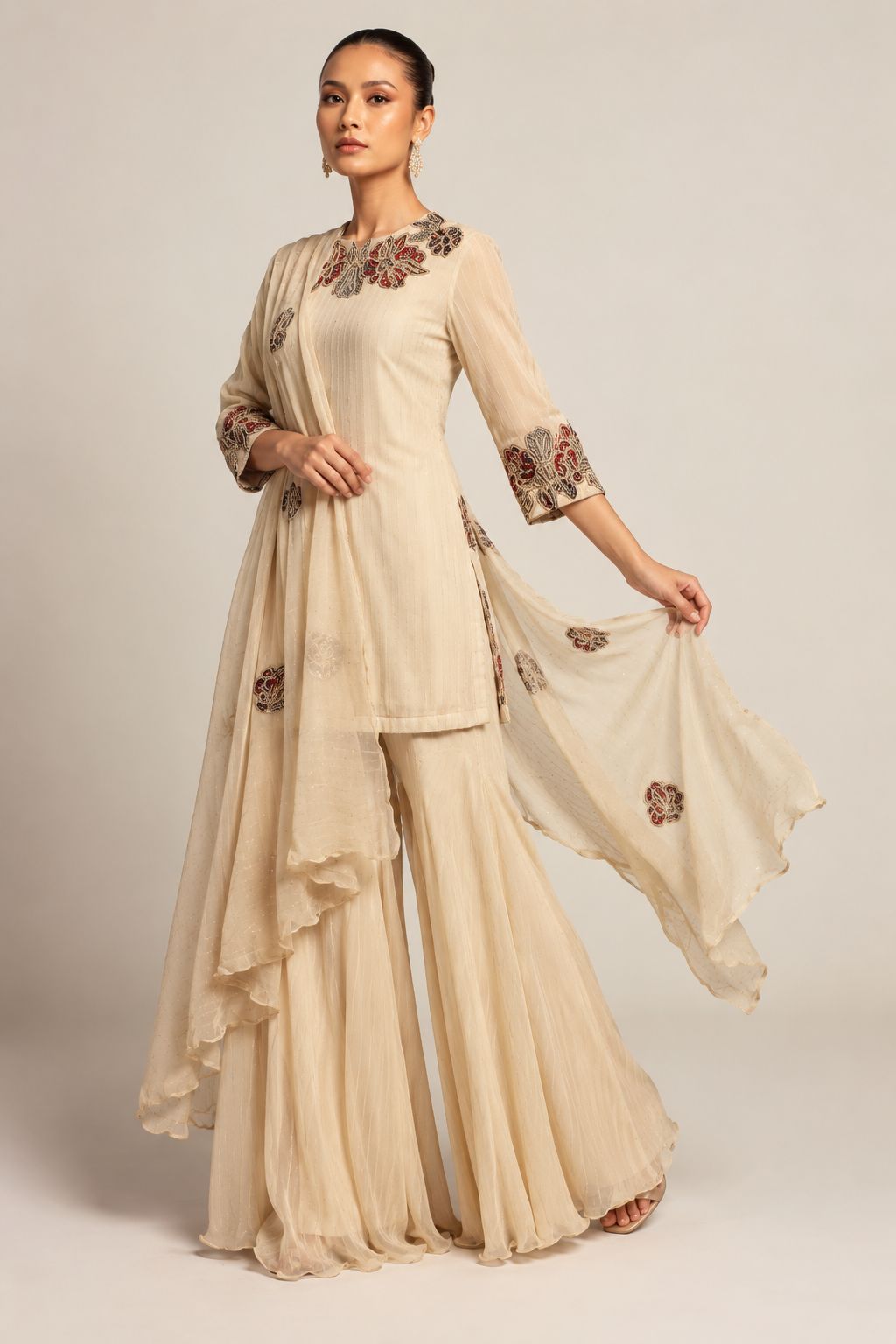Ivory Gulnaar Anarkali Sharara Set