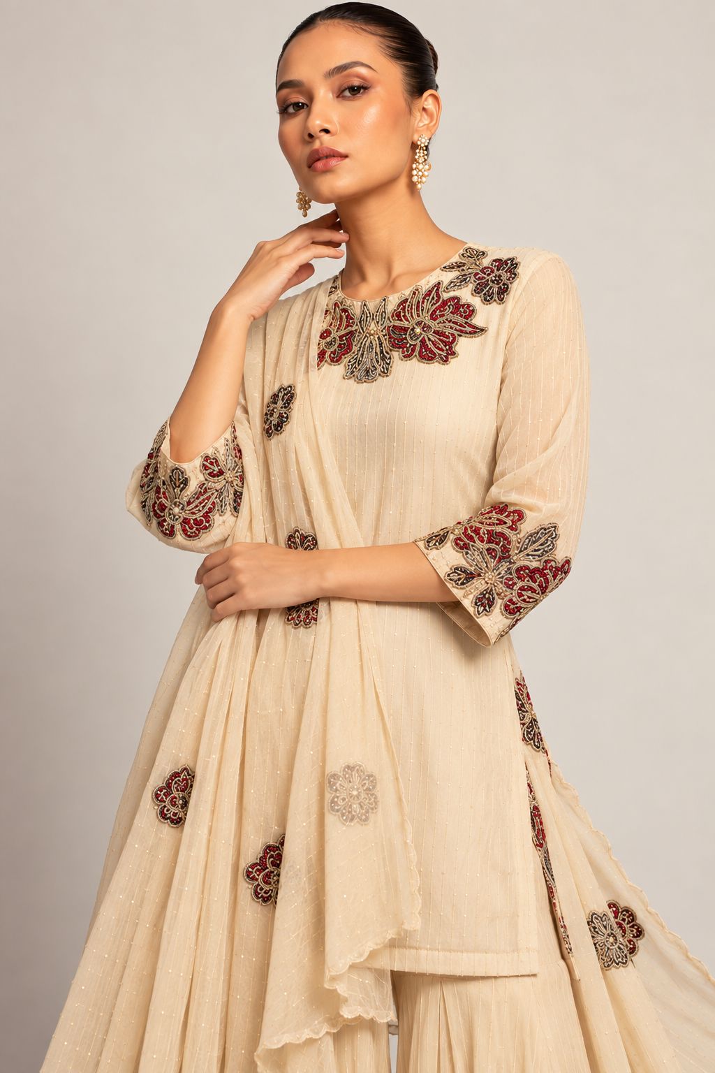 Ivory Gulnaar Anarkali Sharara Set