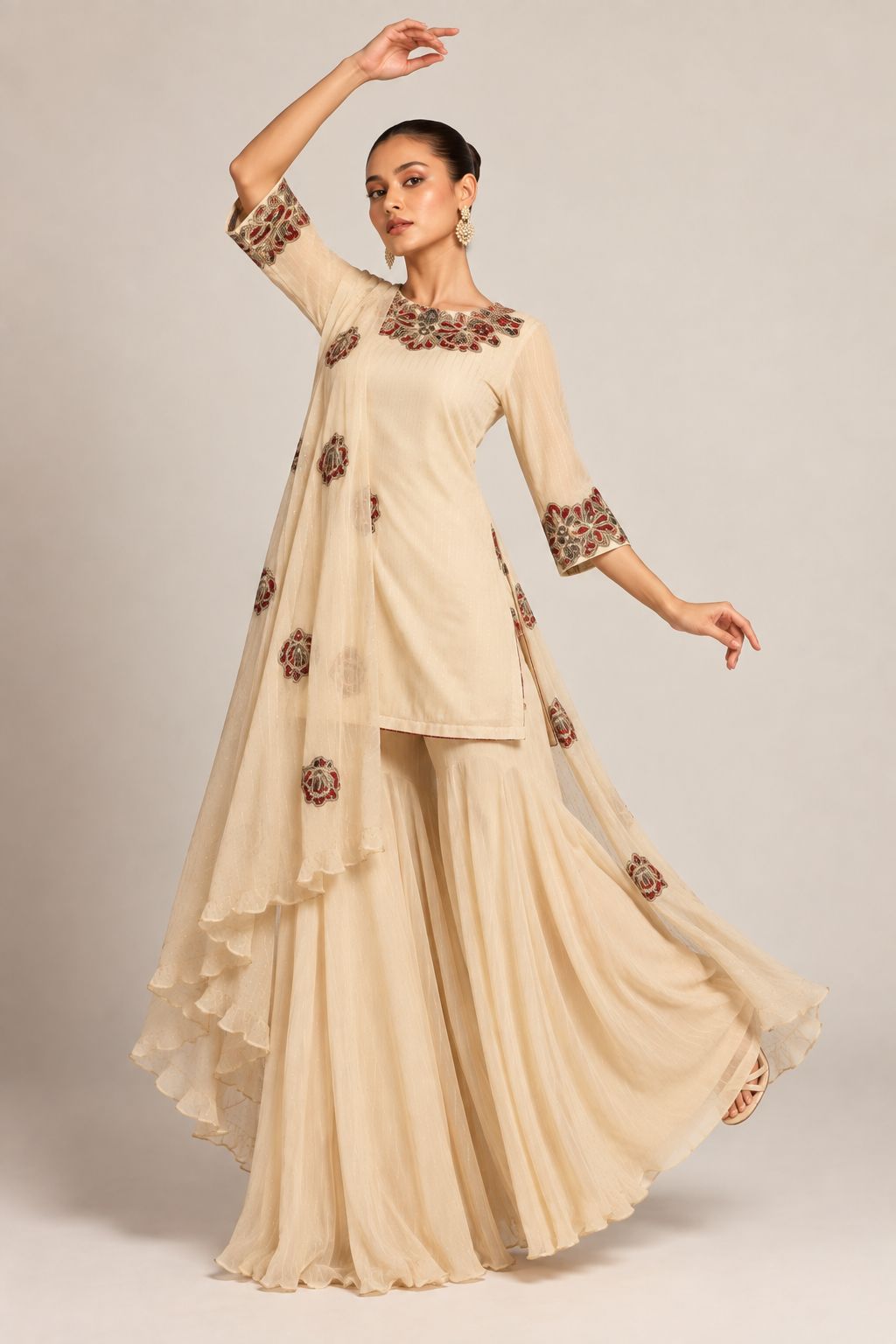 Ivory Gulnaar Anarkali Sharara Set