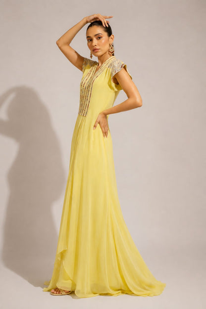 Butter Yellow Embroidered Flared Maxi Dress