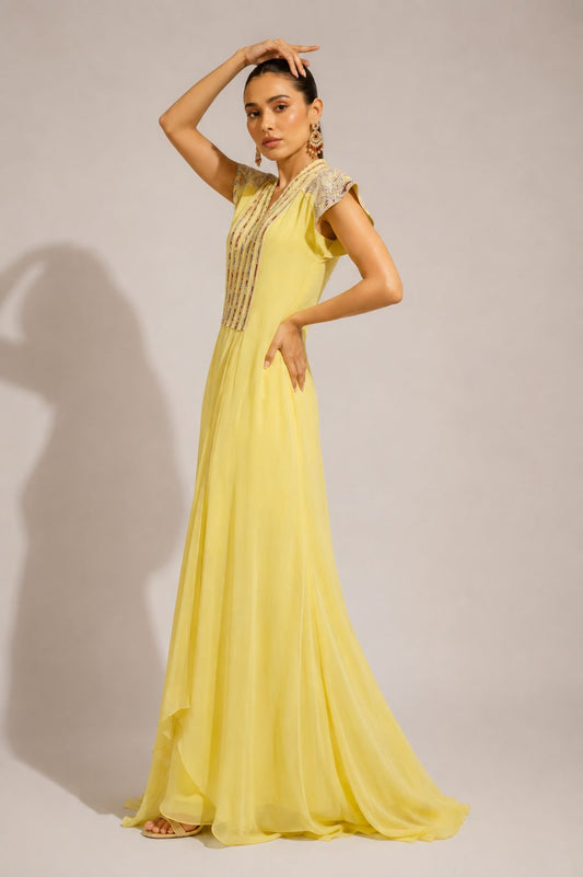 Butter Yellow Embroidered Flared Maxi Dress