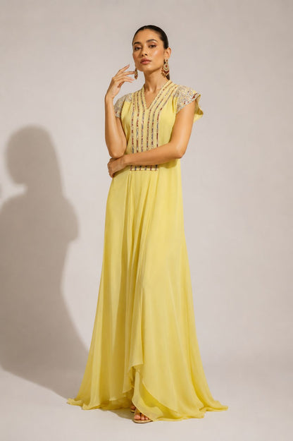 Butter Yellow Embroidered Flared Maxi Dress