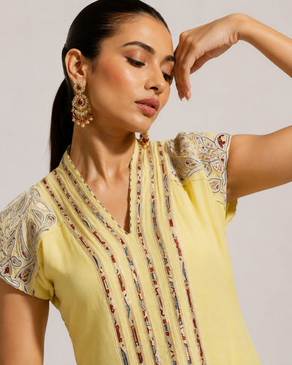 Butter Yellow Embroidered Flared Maxi Dress