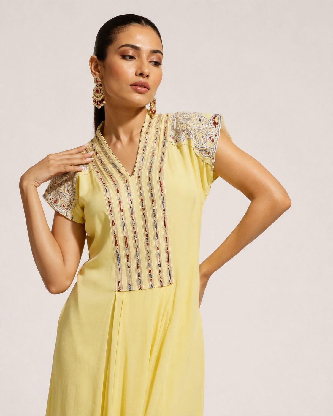 Butter Yellow Embroidered Flared Maxi Dress