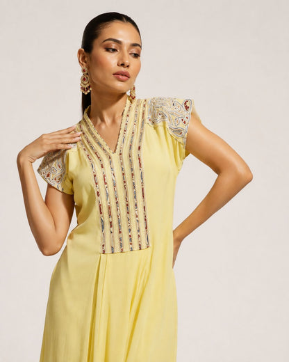 Butter Yellow Embroidered Flared Maxi Dress