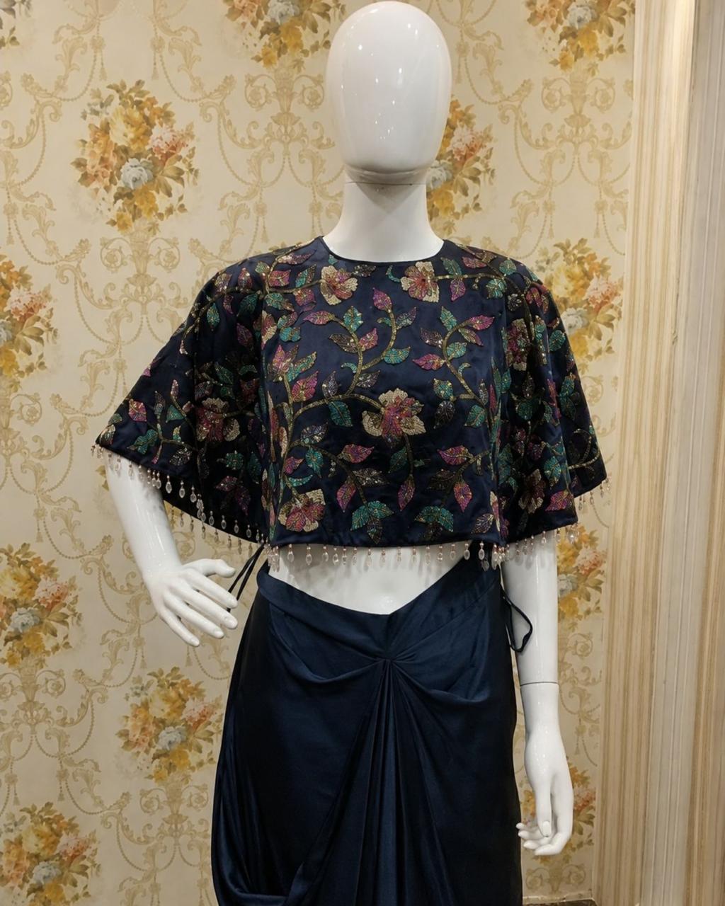 Midnight Bloom Printed Cape Top with Draped Skirt Co-ord Set