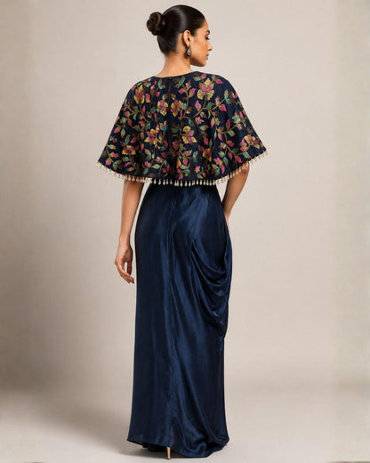 Midnight Bloom Printed Cape Top with Draped Skirt Co-ord Set