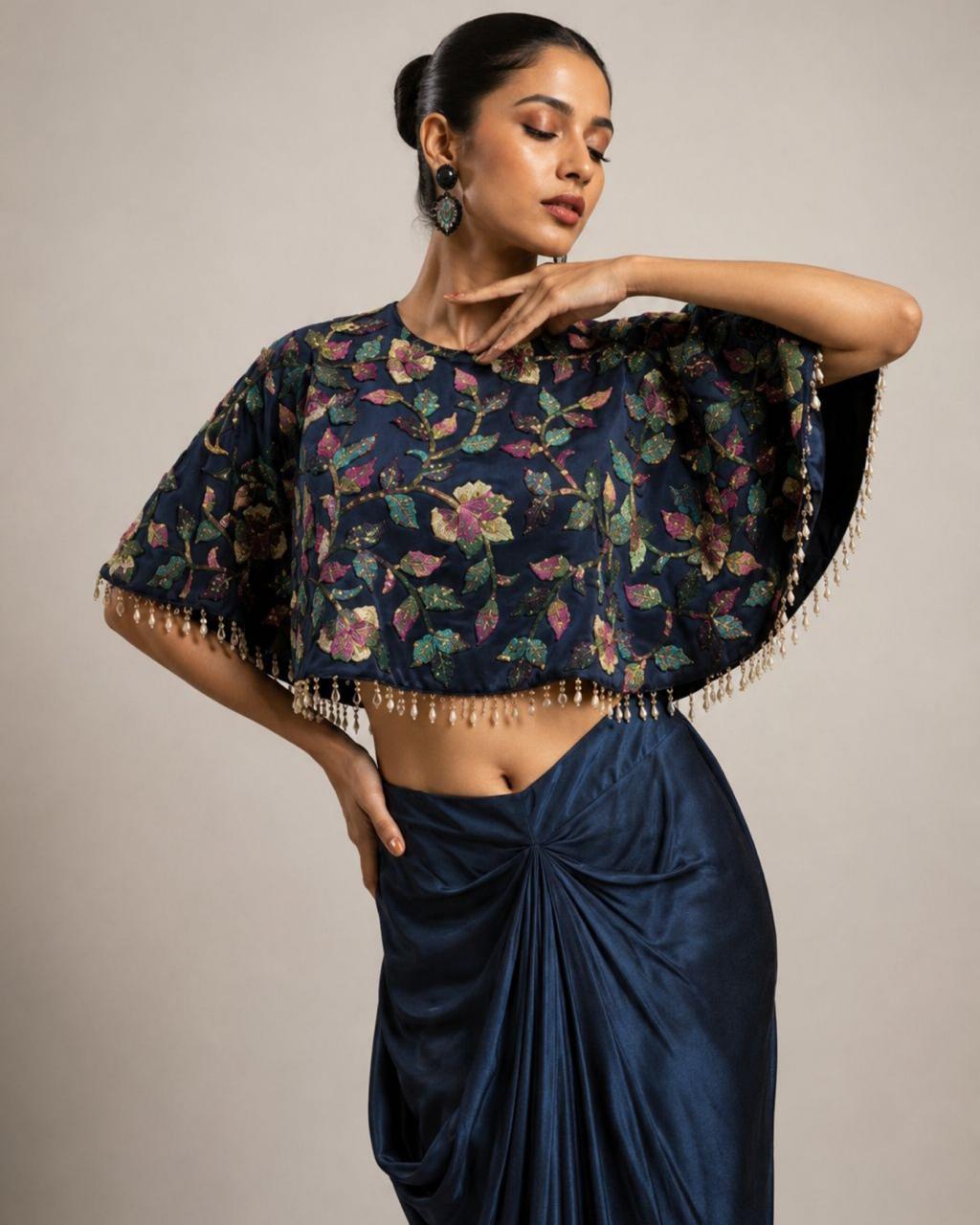 Midnight Bloom Printed Cape Top with Draped Skirt Co-ord Set