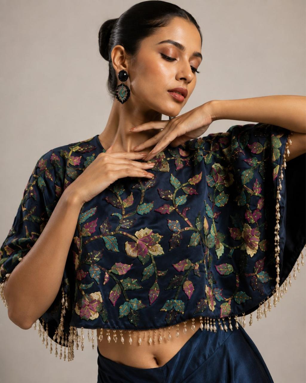Midnight Bloom Printed Cape Top with Draped Skirt Co-ord Set