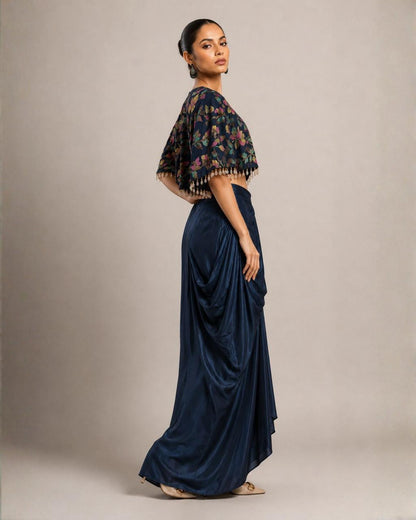Midnight Bloom Printed Cape Top with Draped Skirt Co-ord Set