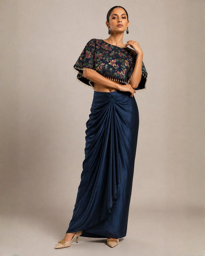 Midnight Bloom Printed Cape Top with Draped Skirt Co-ord Set