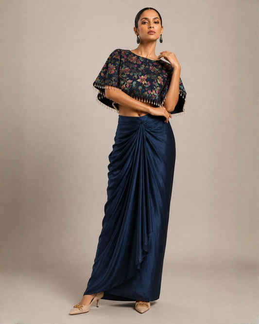 Midnight Bloom Printed Cape Top with Draped Skirt Co-ord Set