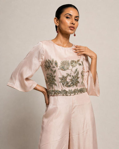 Blush Pink Embroidered Wide-Leg Jumpsuit