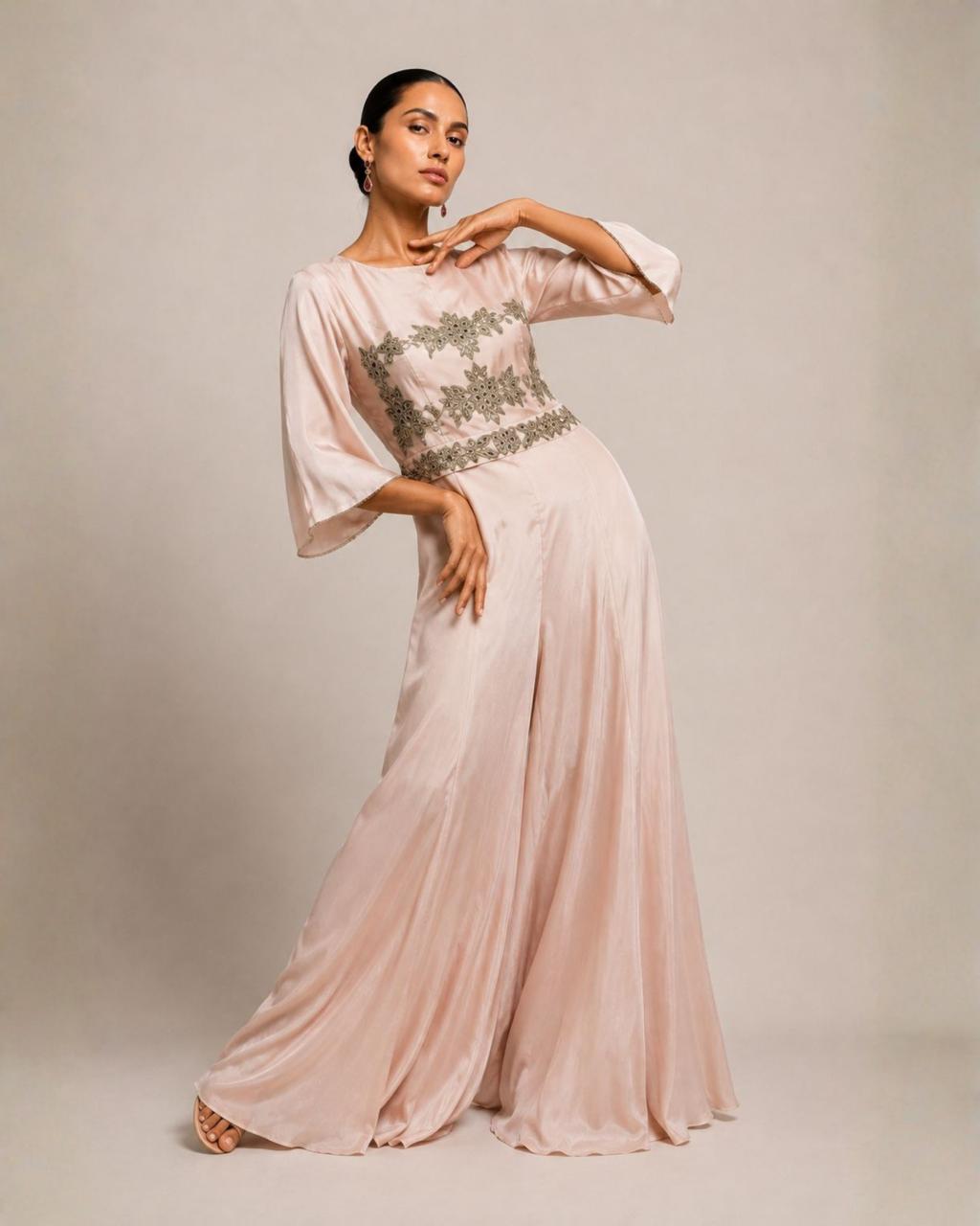 Blush Pink Embroidered Wide-Leg Jumpsuit